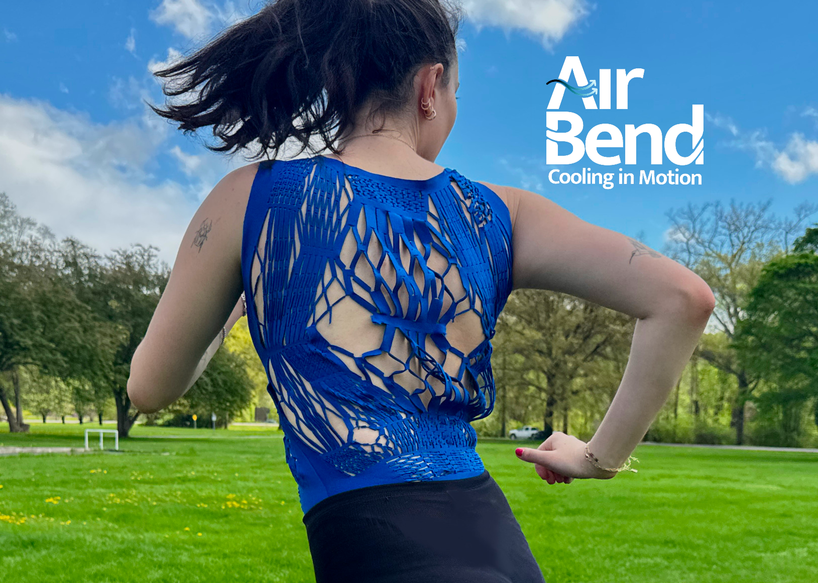 AirBend prototype worn outdoors showing kirigami cut patterns